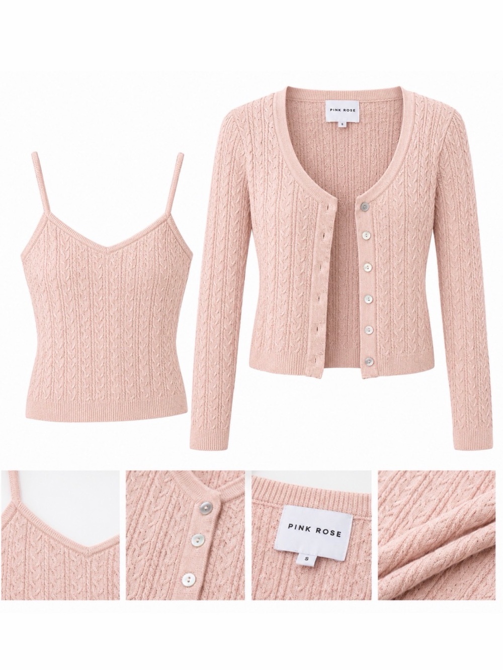 Pink Rose Light Blush Cable Knit Cardigan & Cami Set